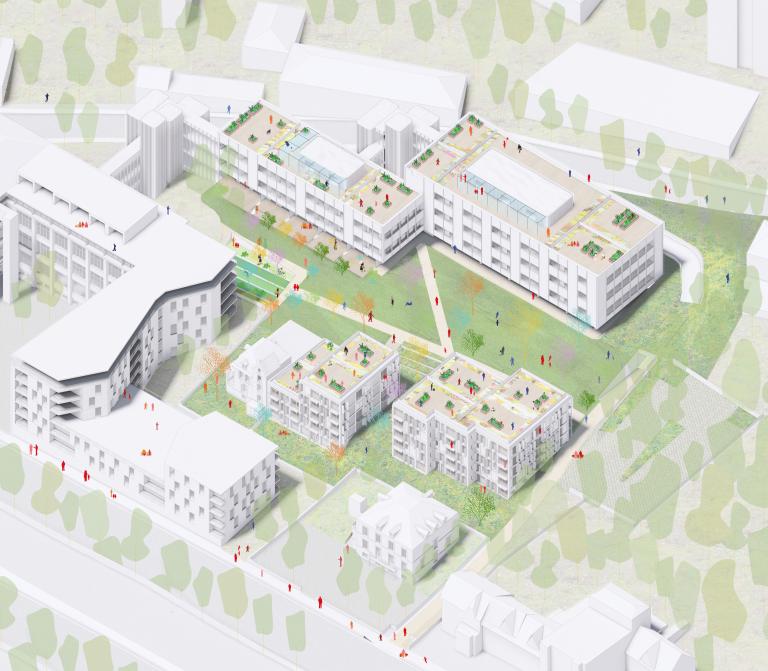 Nancy Cœur de Coteaux – Opérations comprenant transformation d’un immeuble de bureaux en 45 logements, réalisation de 40 logements neufs, et réhabilitation d’une maison de maître. Architecte : LOCAL.